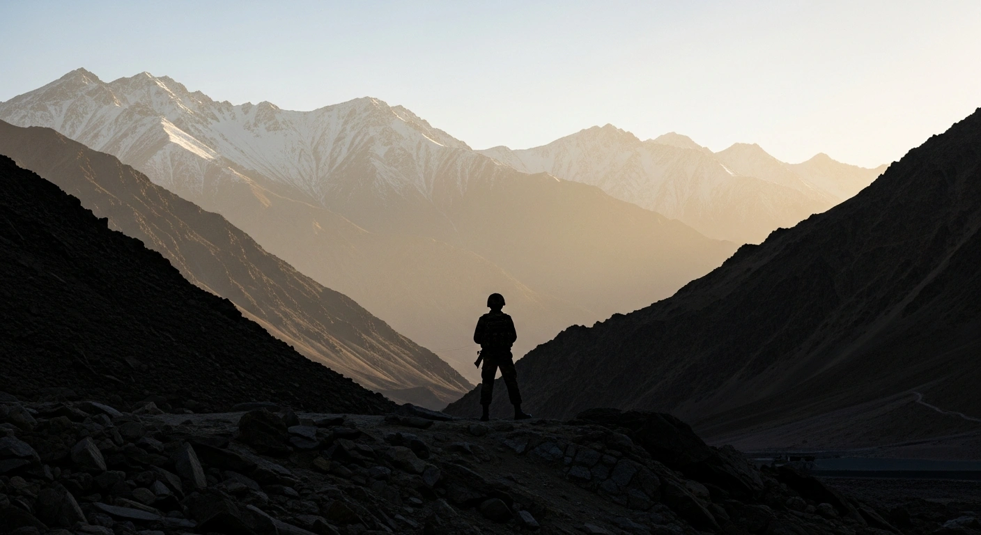 A silhouette of an Indian soldier stands against the rugged mountain peaks of Ladakh to commemorate the 25th anniversary of the Kargil Vijay Diwas.