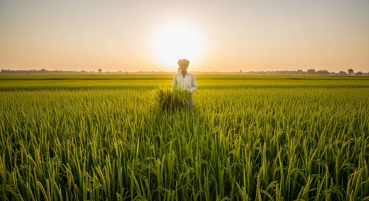 An Indian farmer stands in a lush green field during the golden hour, representing the government's investment in Kharif crop support prices.