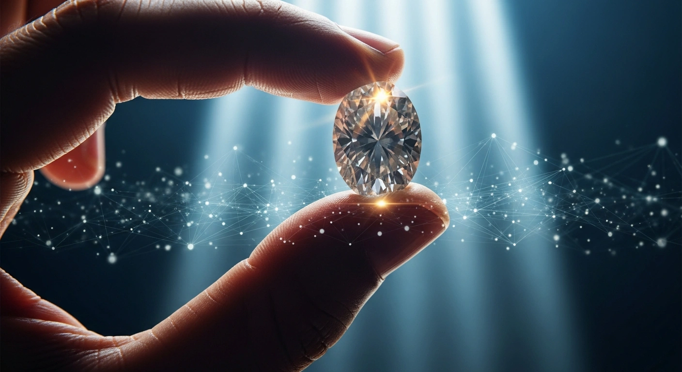 A close-up shot features a hand with warm skin tone delicately holding a brilliantly cut diamond, set against a softly blurred background of glowing digital lines, symbolizing India's chairpersonship of the Kimberley Process and its focus on digital traceability and governance for preventing conflict diamonds.