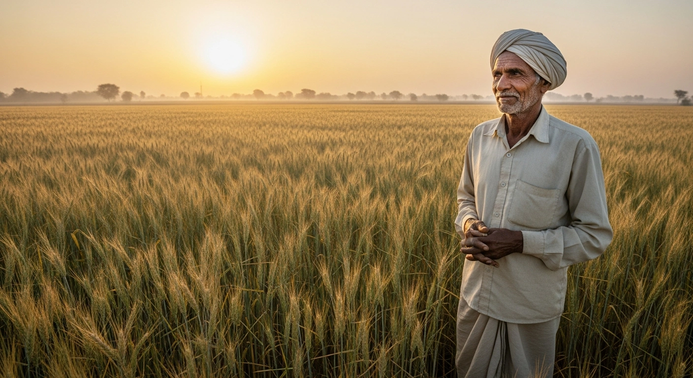 An elderly Indian farmer stands proudly in a vast, golden wheat field under a rising sun, representing the invaluable contributions of farmers to India's food security, honored on Kisan Diwas, National Farmers' Day, which commemorates former Prime Minister Chaudhary Charan Singh.