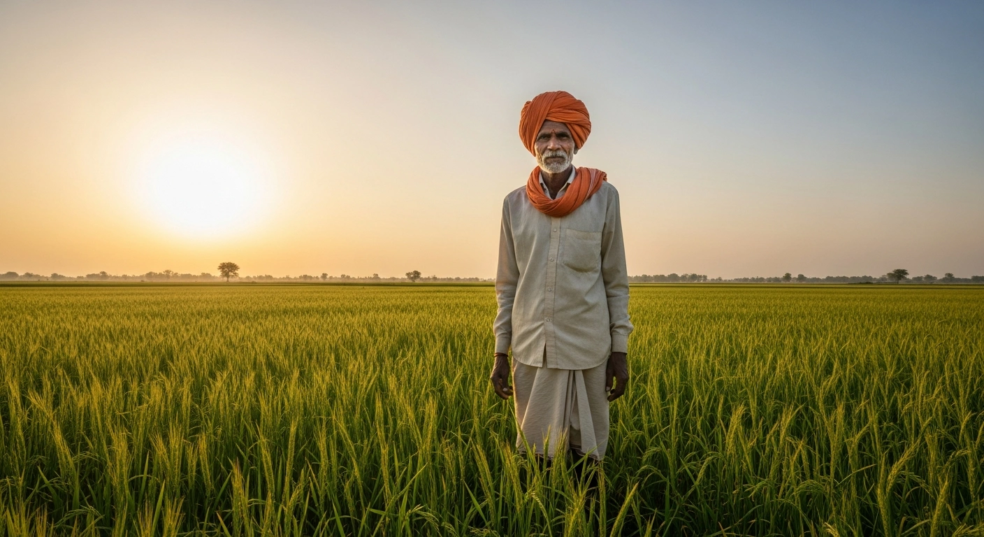 An elderly Indian farmer stands proudly in a sunlit field of flourishing crops during golden hour, symbolizing India's Kisan Diwas, honoring farmers' vital contributions to food security and economic growth, and commemorating Chaudhary Charan Singh's legacy.