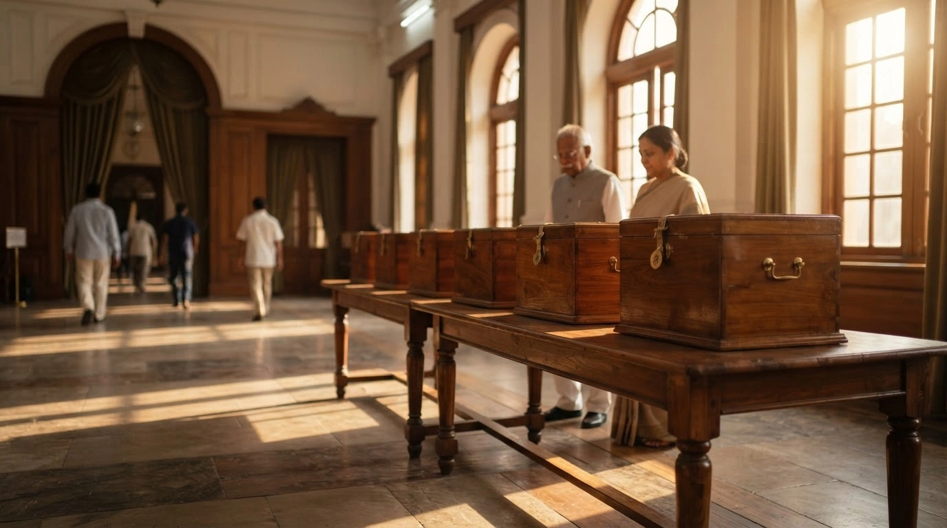 A row of ballot boxes sits on a table in a government building, representing the upcoming biennial elections for legislative councils in Bihar, Karnataka, Maharashtra, and Uttar Pradesh.