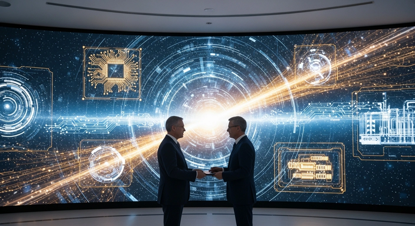 A photorealistic image depicting two prominent figures, representing Prime Minister Narendra Modi and Hereditary Prince Alois, standing in a futuristic conference hall with holographic projections of advanced technology and global connections, symbolizing their agreement to deepen cooperation in high-value manufacturing and innovation at the AI Impact Summit in New Delhi.