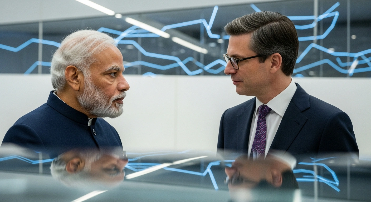 Prime Minister Narendra Modi of India and Hereditary Prince Alois of Liechtenstein are depicted in a modern, high-tech conference setting, engaged in a focused discussion, symbolizing their agreement to enhance cooperation in high-value manufacturing and advanced technologies at the AI Impact Summit 2026 in New Delhi.