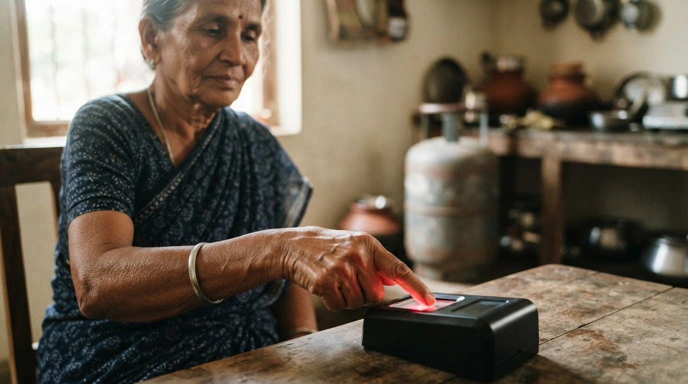 An Indian woman uses biometric Aadhaar authentication to verify her identity for a subsidized LPG cylinder.