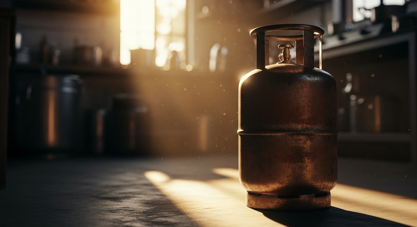 A close-up view of a metallic LPG cylinder in an Indian kitchen, representing the nationwide price hike for domestic and commercial cooking gas.