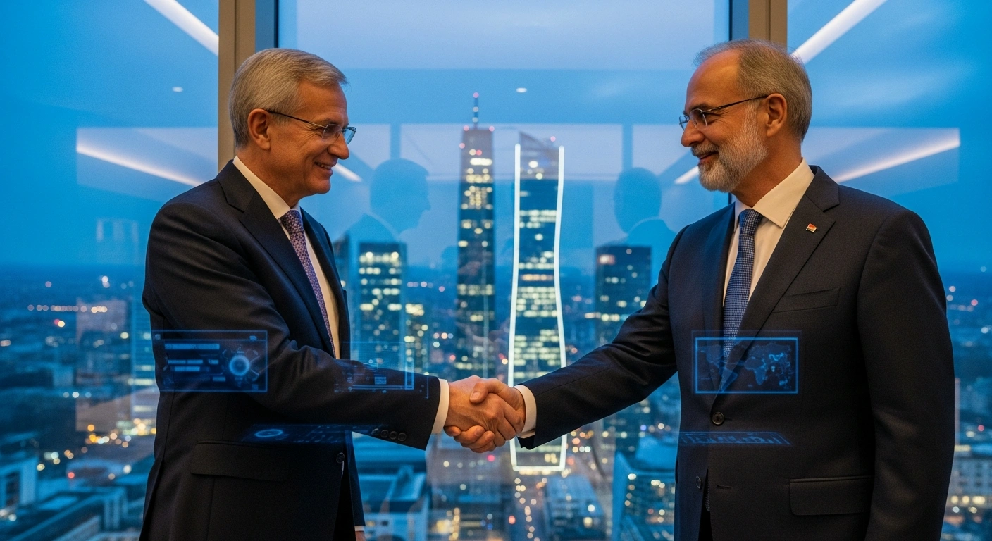 India's External Affairs Minister, Dr. S. Jaishankar, and a Luxembourg official are depicted in a firm handshake before a panoramic window overlooking a modern cityscape at dusk, symbolizing strengthened bilateral cooperation in financial services, investments, technology, and innovation between India and Luxembourg, and broader India-EU ties.