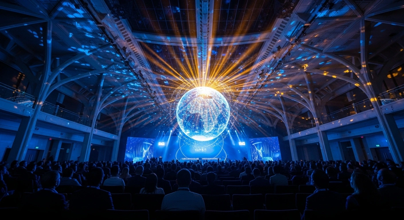 A wide, low-angle shot of a futuristic conference hall in New Delhi, featuring a central holographic globe with digital data streams, surrounded by a diverse, silhouetted audience, symbolizing the India Mobile Congress 2025 uniting global leaders and showcasing advancements in 6G, AI, and digital technologies.
