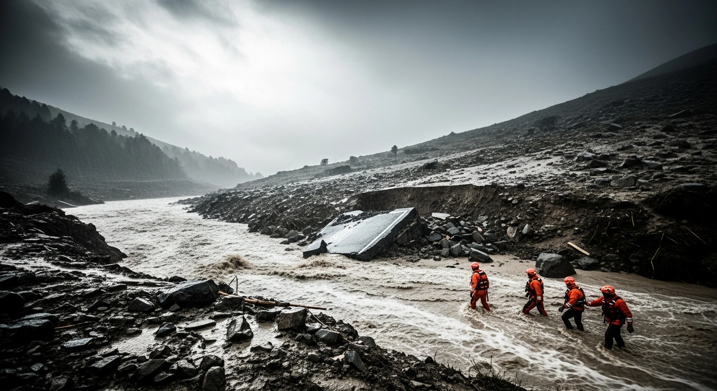 Rescue workers in orange gear navigate through floodwaters and landslide debris in a mountainous region of India following heavy monsoon rains.