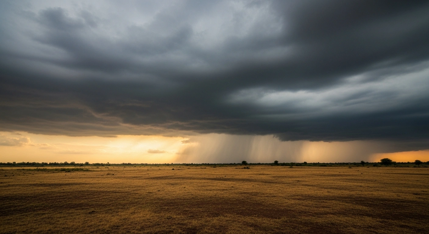 Heavy monsoon rain clouds gather over a dry landscape in Northern India as the southwest monsoon progresses into the region.