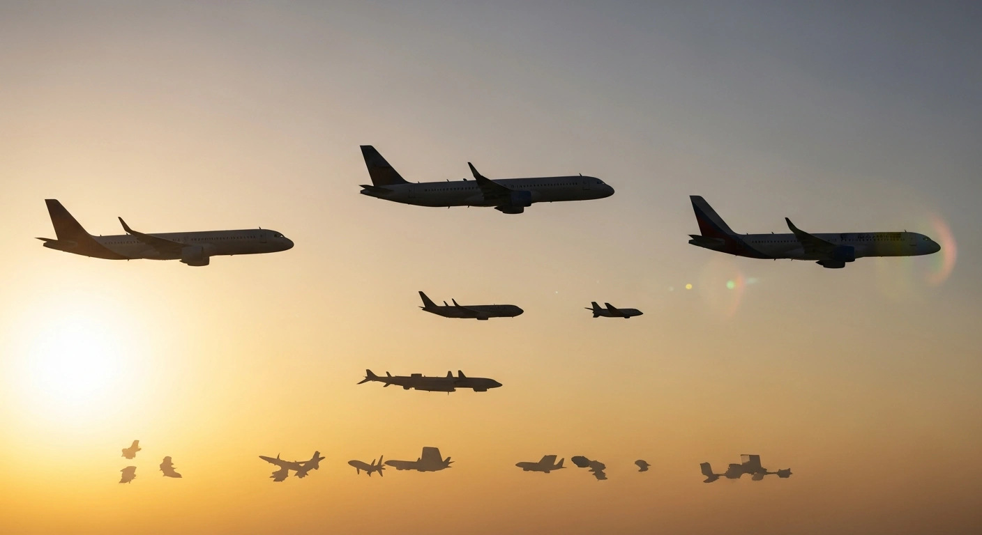 Three distinct, sleek aircraft silhouettes, representing new domestic airlines like Al Hind Air, Shankh Air, and FlyExpress, soar in formation against a golden-hour sky, symbolizing India's Ministry of Civil Aviation's approval to enhance competition in the aviation sector.