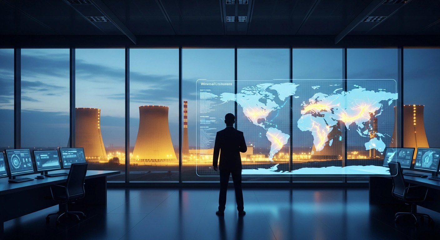 A professional consultant analyzes a digital map of global uranium resources to support India's nuclear power expansion strategy.