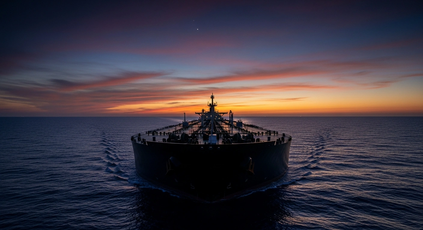 A colossal oil supertanker, silhouetted against a dramatic twilight sky with fiery oranges and deep purples, sails across a vast ocean towards a subtly glowing distant landmass, symbolizing India's pursuit of diverse crude oil imports for energy security and commercial viability.
