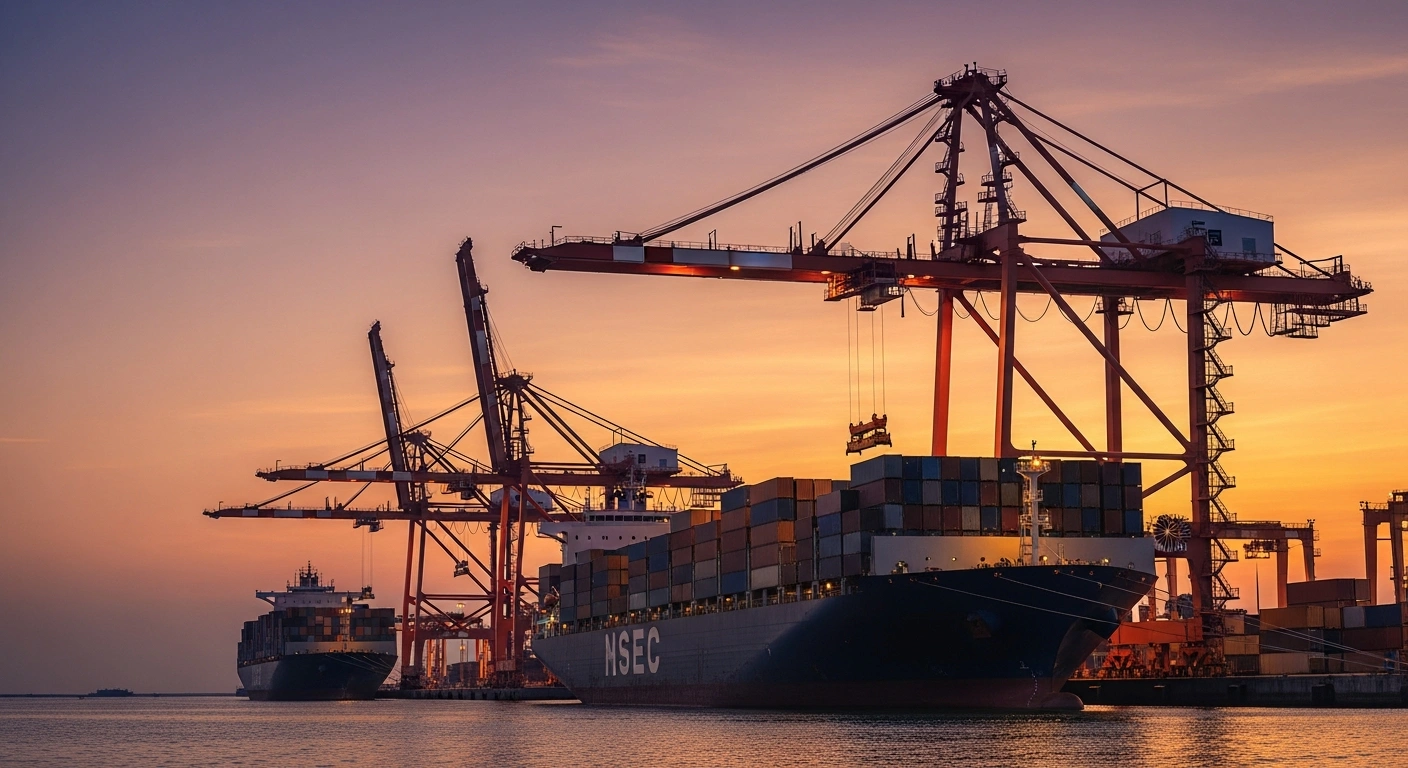 A busy Indian shipping port at sunset illustrates the nation's ambitious strategy to reach one trillion dollars in total exports.
