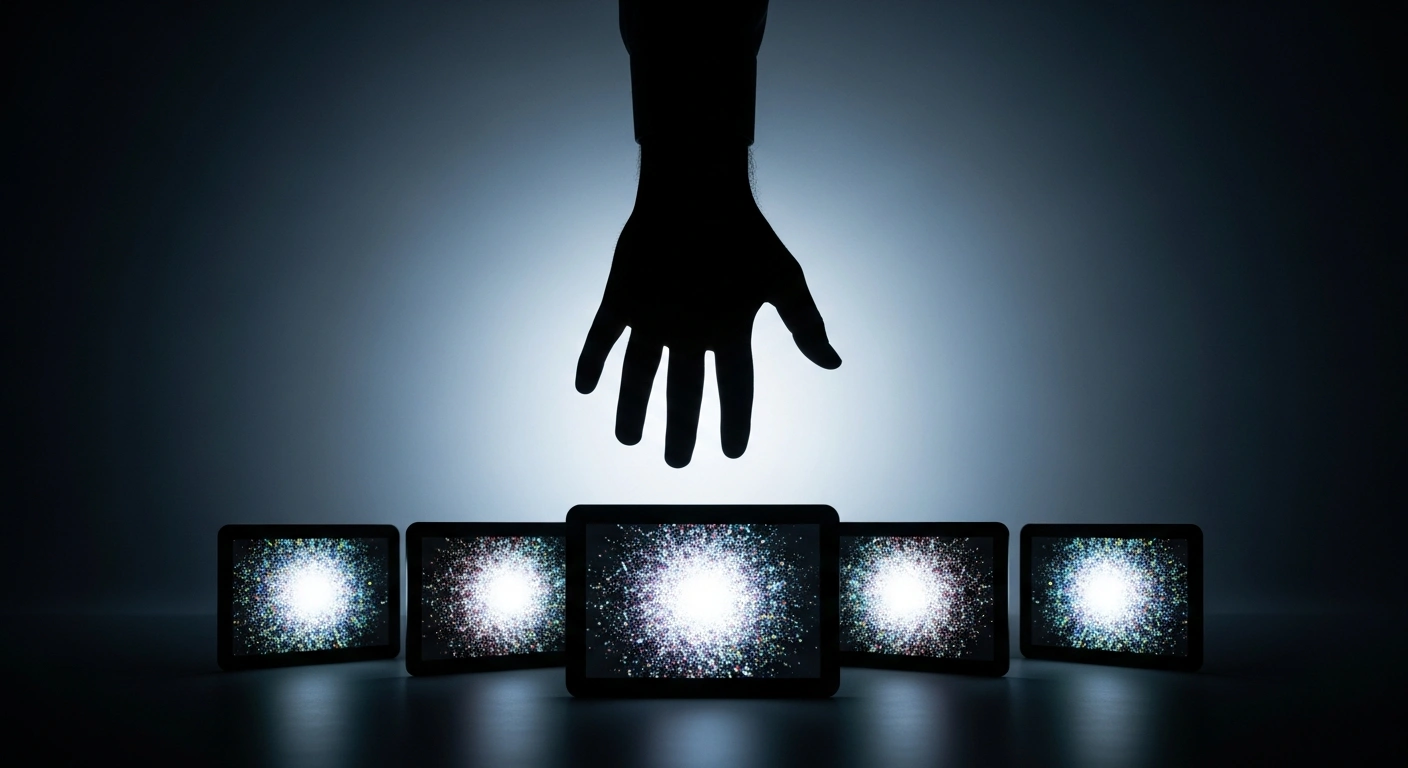 A large, authoritative hand casts a shadow over five glowing digital screens displaying abstract, pixelated content, symbolizing India's Ministry of Information and Broadcasting blocking OTT platforms for content violations.