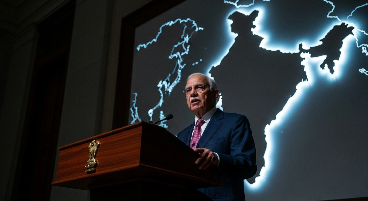 A resolute statesman, representing Defence Minister Rajnath Singh, stands at a lectern with a map of the Indian subcontinent behind him, symbolizing India's firm stance on bilateral resolution of the India-Pakistan conflict and refuting claims of third-party intervention, such as those by Donald Trump.