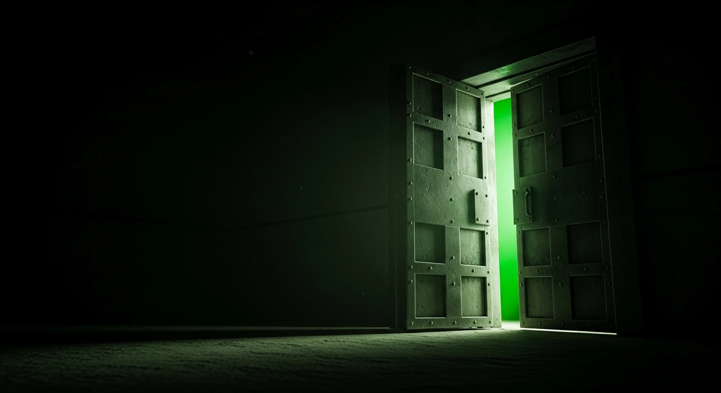 A heavy, reinforced steel door, slightly ajar, reveals an intense green light from within, symbolizing the clandestine nuclear proliferation activities and deception alleged against Pakistan by India's Ministry of External Affairs, referencing the A.Q. Khan network.