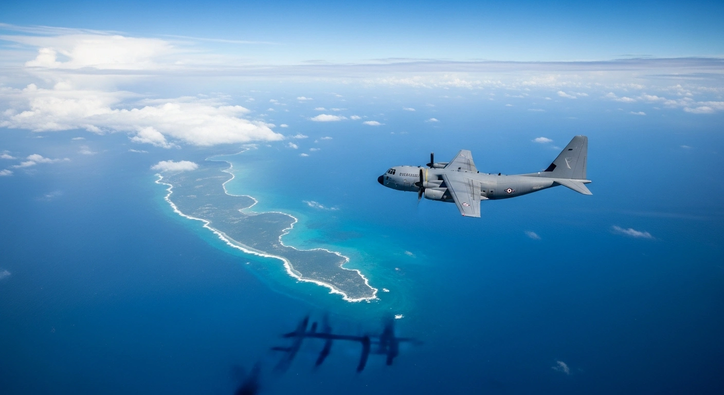 A modern cargo plane, symbolizing humanitarian aid from Pakistan, flies over the tropical island of Sri Lanka, partially covered by storm clouds, representing the aftermath of Cyclone Ditwah, as India granted overflight permission.