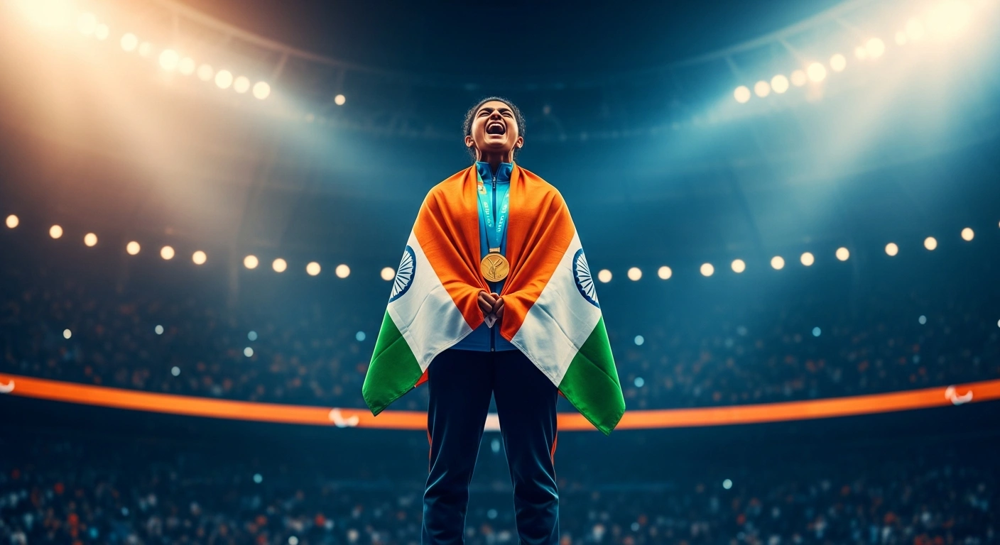An Indian para-athlete celebrates a gold medal win on the podium at the Commonwealth Games in Birmingham.