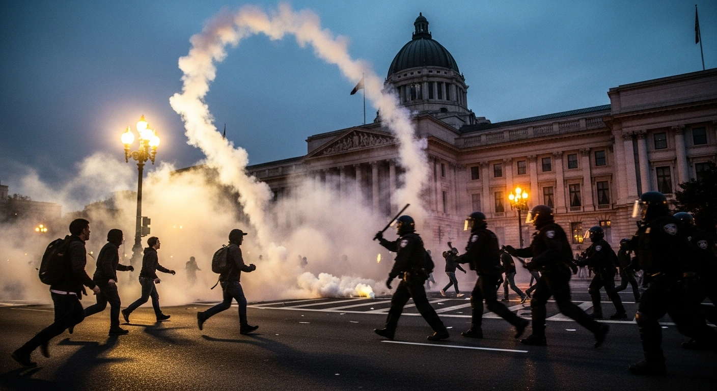 Youth protesters march toward the Indian Parliament building as police use tear gas and batons to disperse the crowd during a demonstration.