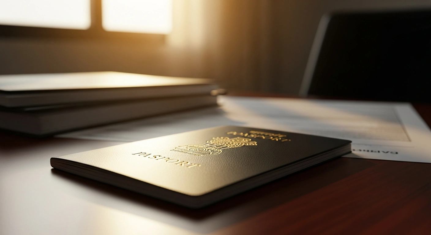 A close-up view of an Indian passport on a desk representing the Ministry of External Affairs' revision of passport application fees.