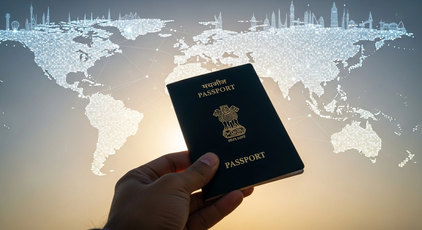 A hand holds an Indian passport, with a blurred background depicting a mosaic of global landmarks and a stylized world map, symbolizing India's passport advancing to 75th place in the Henley Passport Index and granting visa-free access to 56 countries.