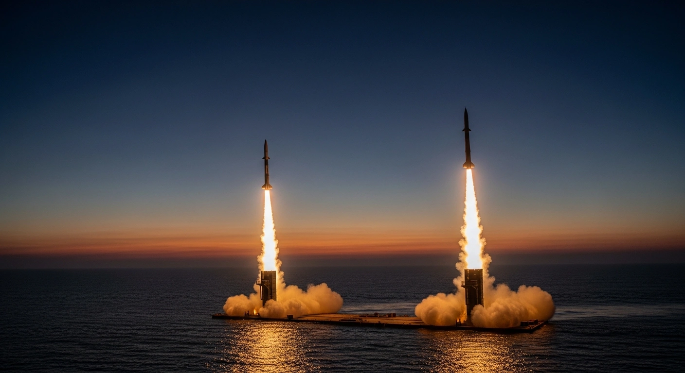 Two indigenously developed Pralay missiles are launched in a synchronized salvo from a coastal platform off Odisha, India, at dawn, showcasing their precision and operational readiness for DRDO trials.
