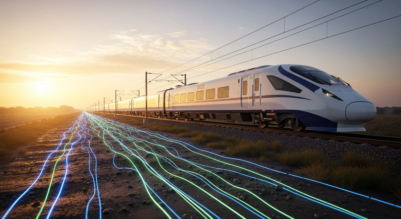 A sleek, futuristic high-speed train speeds across a vast Indian landscape at dawn, with subtle glowing blue and green veins emanating from the earth nearby, representing critical mineral resources, illustrating the development of new high-speed rail and rare earth corridors.