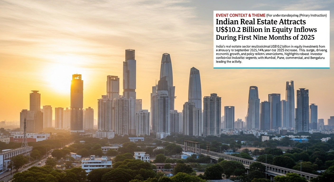 A vibrant, modern Indian city skyline at golden hour, showcasing a blend of residential towers, commercial buildings, and industrial structures, symbolizing the US$10.2 billion equity investments and 14% year-on-year growth in India's real estate sector, driven by economic expansion and urbanization in key cities like Mumbai, Pune, and Bengaluru.