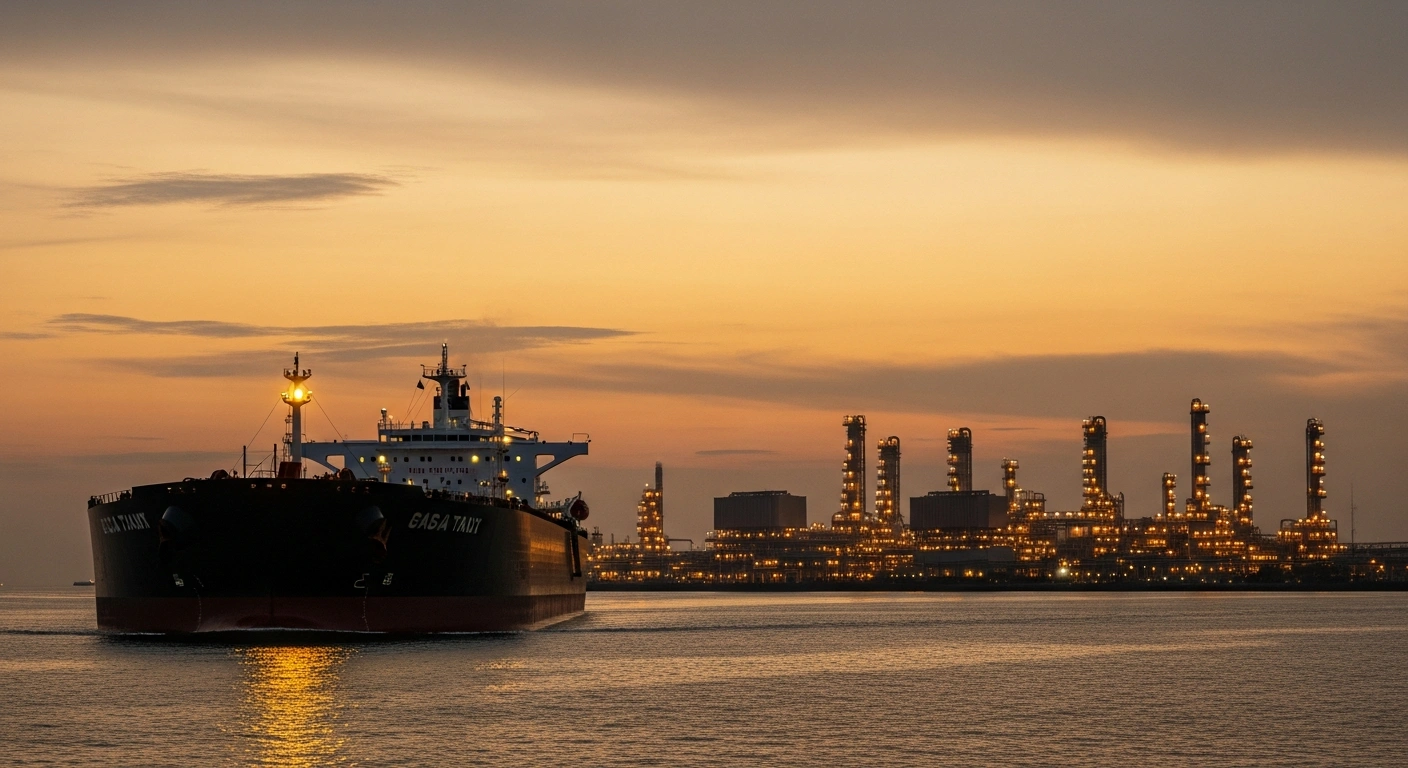 A massive oil supertanker approaches a sprawling coastal oil refinery at dusk, representing India's Reliance Industries' renewed purchases of discounted Russian crude oil for its Gujarat refinery.