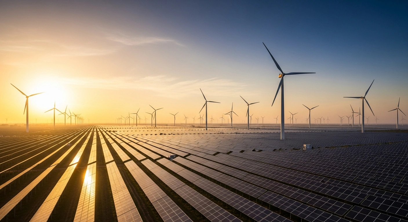 A wide-angle shot at dawn shows a vast landscape of modern renewable energy infrastructure in India, featuring rows of solar panels and towering wind turbines, symbolizing the nation's significant investments and commitment to achieving 500 GW of non-fossil fuel-based power capacity by 2030.