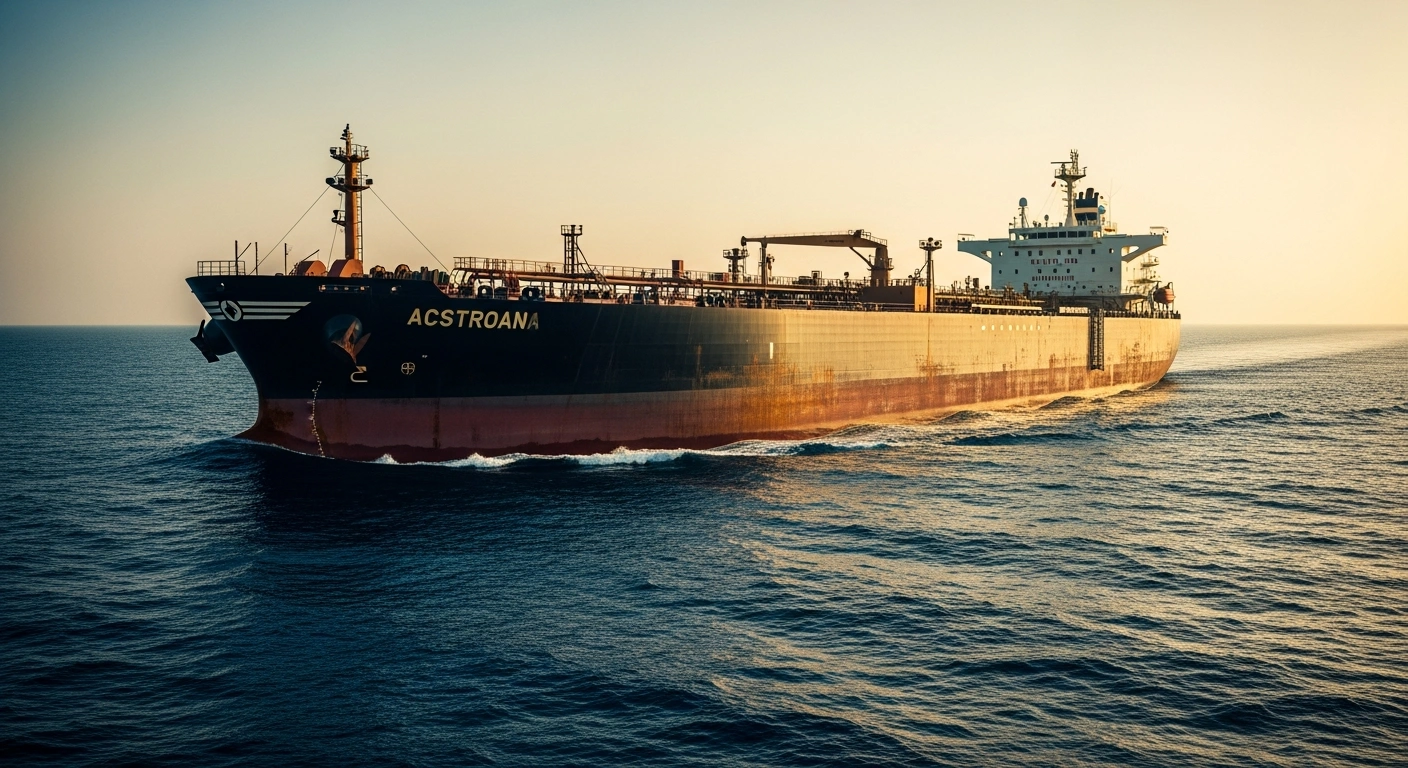 A large industrial tanker ship transports liquefied petroleum gas across the ocean as India resumes energy imports from Iran.