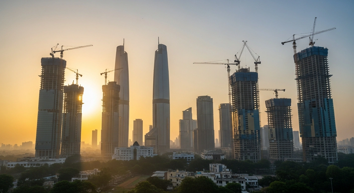 A vibrant Indian cityscape at dawn, bathed in golden light, showcases towering modern skyscrapers and active construction cranes, symbolizing India's robust 8.2% GDP growth fueled by manufacturing, services, and construction sectors.