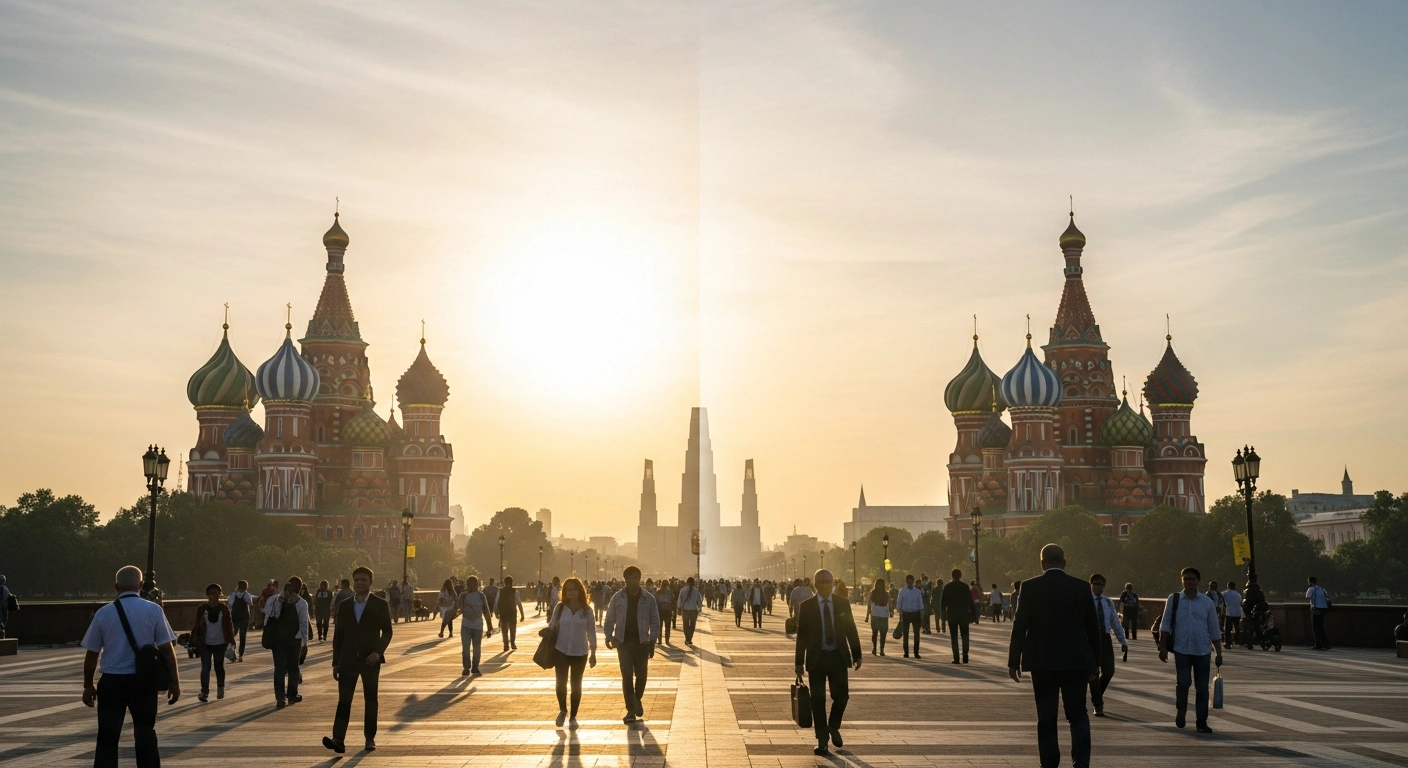 A photorealistic image shows a grand cityscape where Indian and Russian architectural styles subtly merge under a warm golden hour sky, symbolizing the strengthened economic cooperation and people-to-people connections between India and Russia, aiming for a $100 billion trade by 2030 and facilitated by new e-tourist visas.
