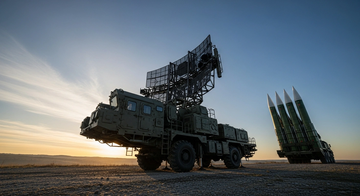 An S-400 Triumph air defense system is positioned in a rugged, dawn-lit landscape, with a convoy of newly acquired anti-aircraft missiles approaching, symbolizing India's recent $1.1 billion acquisition from Russia to replenish missile stocks and bolster its national air defense capabilities.