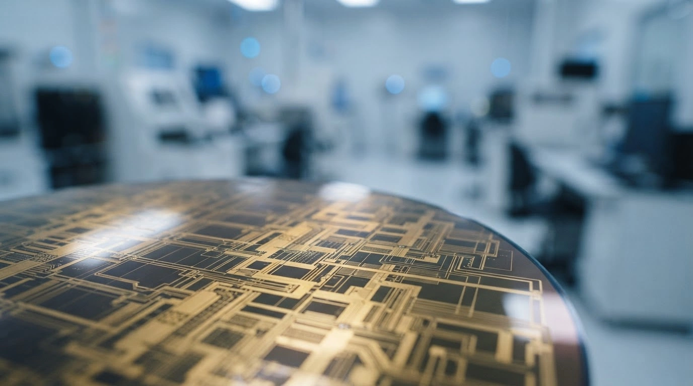 A high-tech silicon wafer with intricate circuitry represents the Indian government's Semicon 2.0 program aimed at boosting domestic chip manufacturing.