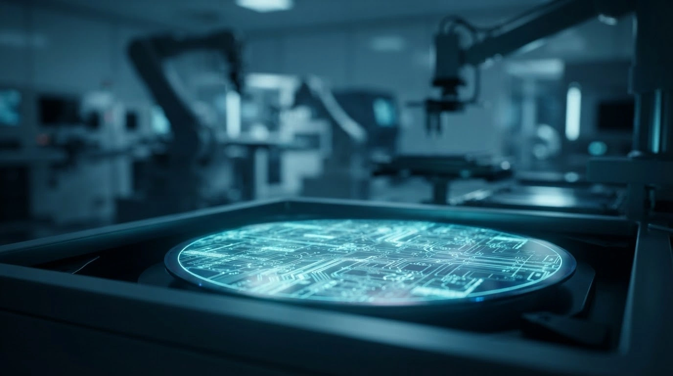 A glowing silicon semiconductor wafer represents the focus on cybersecurity and intellectual property protection within India's growing chip manufacturing industry.