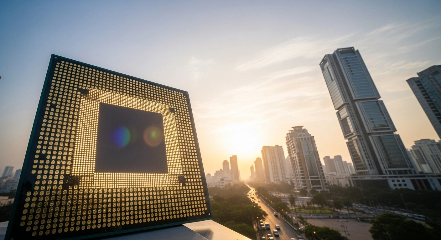 A large, intricately patterned semiconductor chip, glowing with warm golden light, stands prominently in the foreground, symbolizing India's strong entry into the semiconductor industry and its pursuit of self-reliance and future exports, set against a modern Indian city skyline at sunrise.