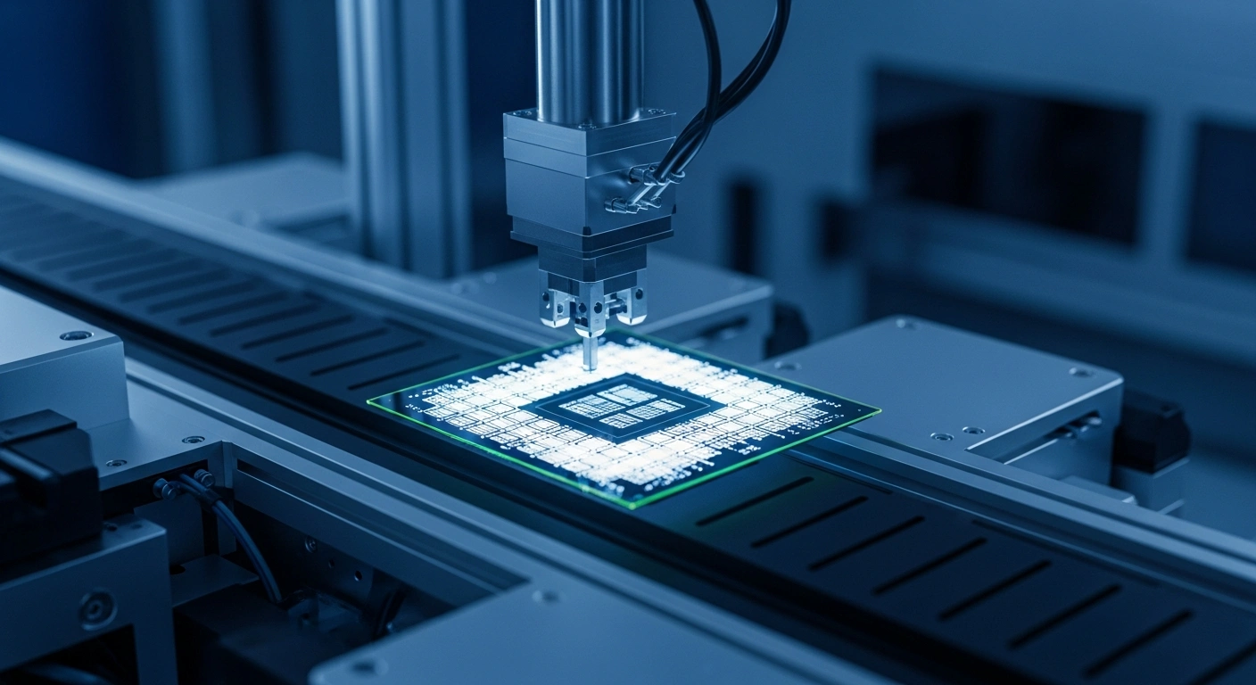 A robotic arm manufactures a silicon wafer in a high-tech facility as part of the India Semiconductor Mission.