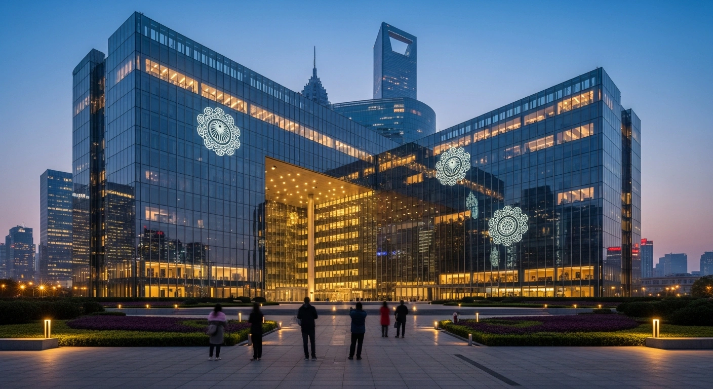 A wide, low-angle shot captures the modern, glass and steel facade of the new Indian Consulate building in Shanghai's Dawning Centre at twilight, reflecting the city skyline and glowing with warm interior lights, symbolizing enhanced bilateral ties and expanded services.