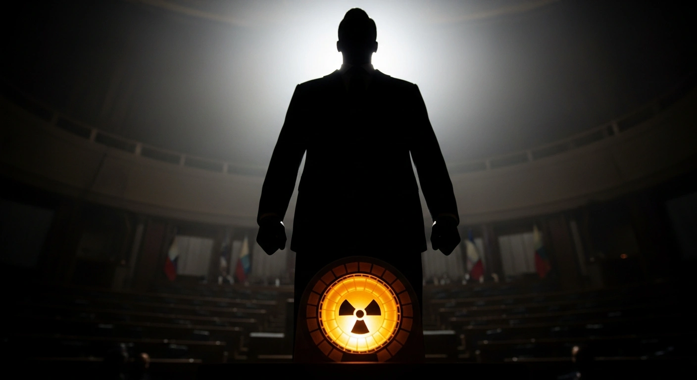 A towering, silhouetted figure, symbolizing Prime Minister Modi and corporate interests, casts a dark shadow over a glowing miniature nuclear reactor, representing India's overhauled nuclear energy framework and the SHANTI Bill's private participation and revised liability norms, set against a blurred parliamentary chamber, reflecting the Congress party's criticism of the bill's passage.
