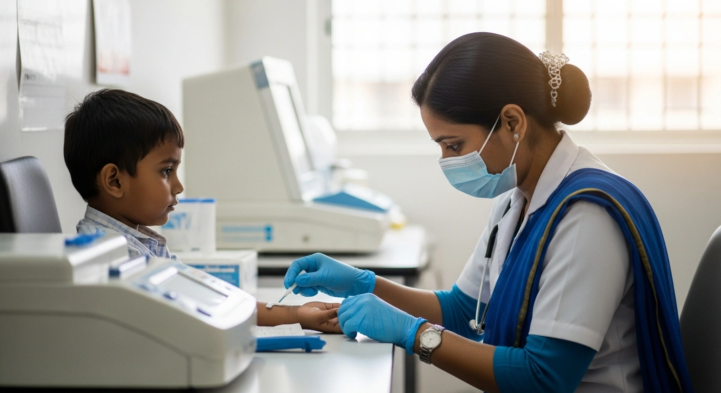 A healthcare professional performs a blood screening test on a child during a World Sickle Cell Awareness Day campaign in India.