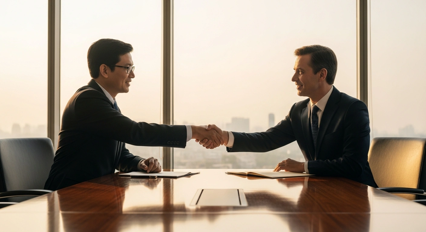Diplomats from India and South Korea shake hands during trade negotiations to upgrade the Comprehensive Economic Partnership Agreement in New Delhi.