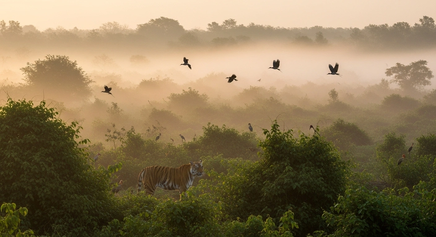 A majestic Bengal tiger stands partially obscured in a lush Indian jungle at dawn, with exotic birds flying above, depicting the rich flora and fauna that India aims to assess and protect through its National Red List Roadmap and Vision 2025-2030.