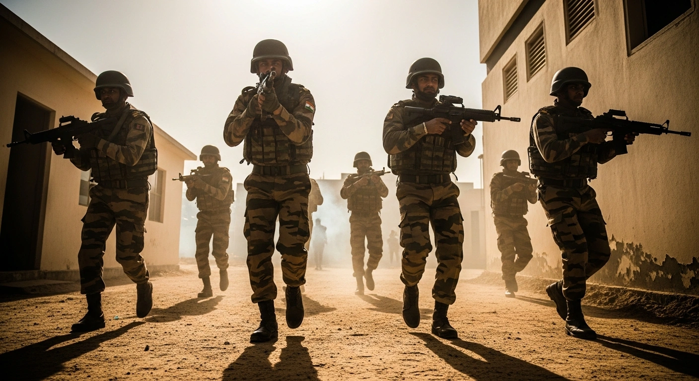 Indian and Sri Lankan special forces soldiers are depicted moving in a synchronized tactical formation through a dusty urban training environment during the 'Mitra Shakti' joint military exercise, emphasizing counter-terrorism operations and bilateral defense cooperation.