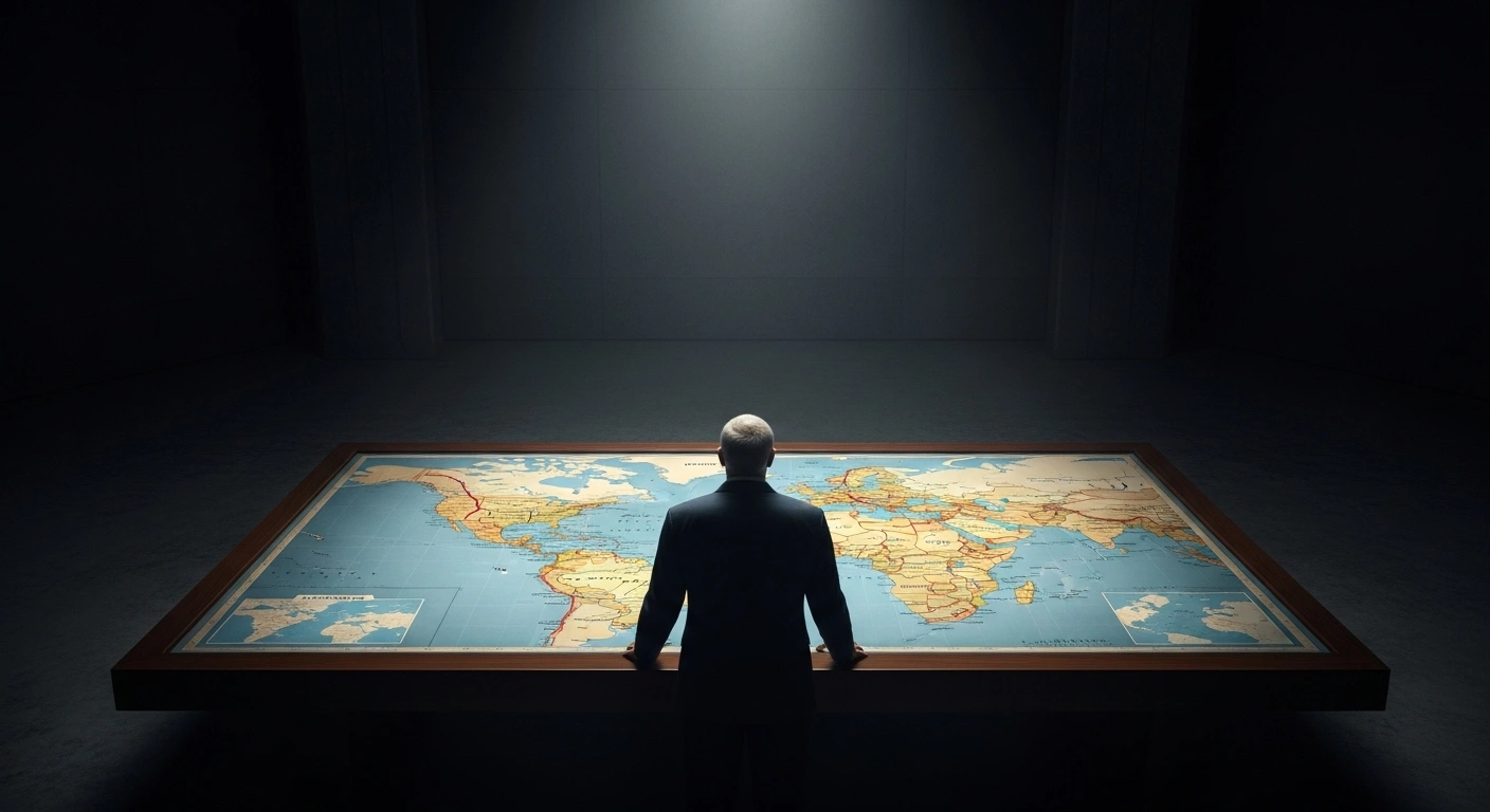 A solitary, imposing figure, representing India's Ministry of External Affairs, stands before a large, illuminated strategic map, deeply contemplating the national security implications of the recently signed Strategic Mutual Defense Agreement between Saudi Arabia and Pakistan.
