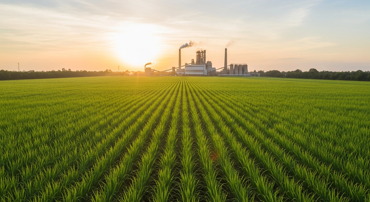 A panoramic view of vibrant green sugarcane fields under a golden sunset, leading to a bustling sugar mill, illustrating India's increased sugar output of 195.03 lakh tonnes by January 31, 2026, an 18.4% rise attributed to strong production in key states and more operational mills, as reported by ISMA.