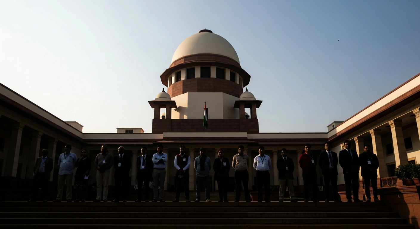 A low-angle, early morning view of the Supreme Court of India building, with a diverse group of individuals standing silhouetted before it, symbolizing the upcoming final hearings on over 250 petitions challenging the constitutional validity of the Citizenship (Amendment) Act, 2019 (CAA), which offers citizenship to non-Muslim migrants from Pakistan, Bangladesh, and Afghanistan.