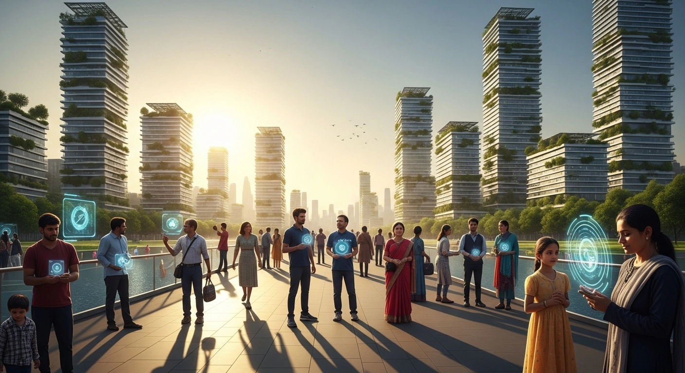 A vibrant, futuristic Indian cityscape at dawn, featuring modern buildings with integrated green technology and diverse people interacting, symbolizing India's successful integration of economic growth, social inclusion, and climate-responsible strategies as a global blueprint for sustainable development.