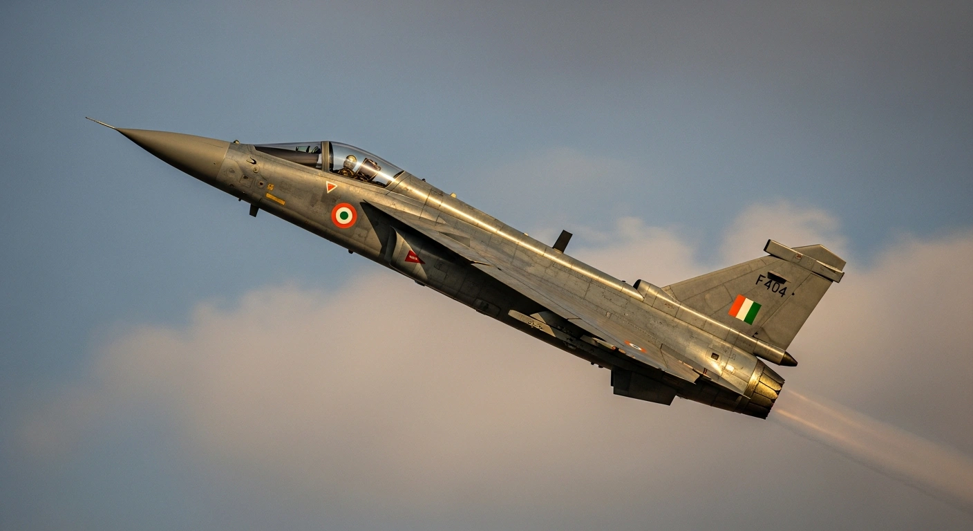 A Tejas Mk1A Light Combat Aircraft, powered by an F404-GE-IN20 engine, is captured in flight against a golden-hour sky, symbolizing the procurement deal between Hindustan Aeronautics Limited and GE Aerospace to bolster India's air force capabilities.